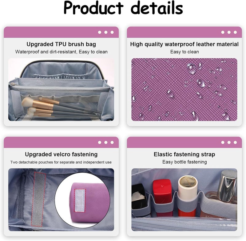 BOYATU Travel Makeup Bag Organizer Cosmetic Bag: 3 Pcs Set Make up Bags for Women with Handle - Waterproof Vegan Leather Toiletry Bags Travel Essentials Pouch with Compartments (A-05-Purple) - Image 5